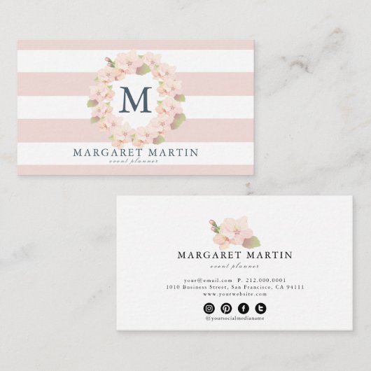 Monogram Roze Cherry Blossom Wreath Visitekaartje (Voorkant / Achterkant)