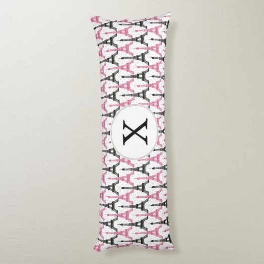 Monogram roze chique eiffeltoren patroon lichaamskussen (Achterkant (Verticaal))