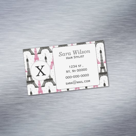 Monogram roze chique eiffeltoren patroon visitekaartje magneet (Voorbeeld)