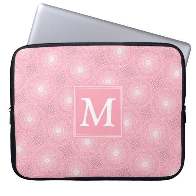 Monogram roze cirkels patroon laptop sleeve (Voorkant)
