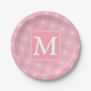 Monogram roze cirkels patroon papieren bordje