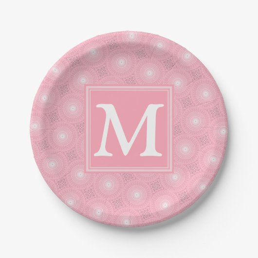 Monogram roze cirkels patroon papieren bordje (Voorkant)