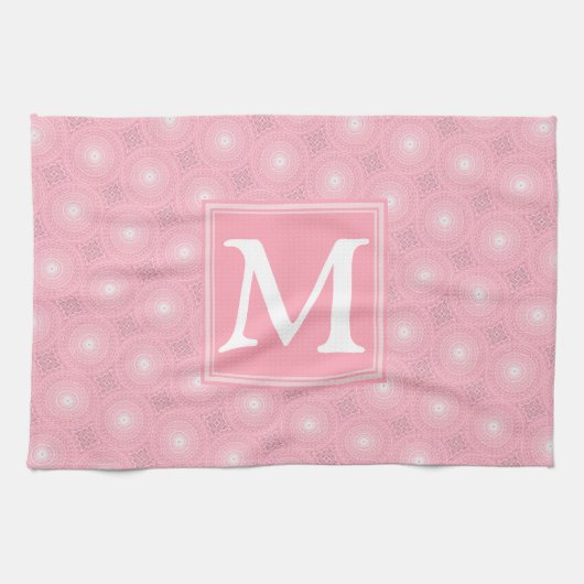 Monogram roze cirkels patroon theedoek (Horizontaal)