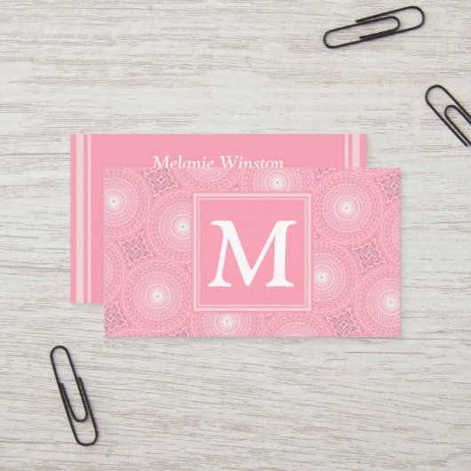 Monogram roze cirkels patroon visitekaartje (Voorkant / Achterkant in situ)