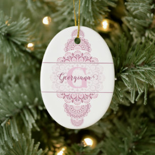 Monogram Roze Confetti Kant Siermandala Keramisch Ornament