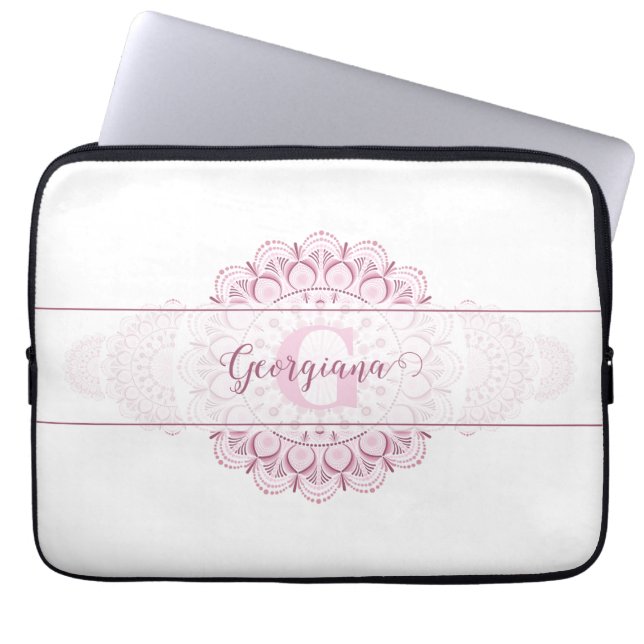 Monogram Roze Confetti Kant Siermandala Laptop Sleeve (Voorkant)