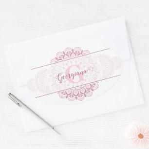 Monogram Roze Confetti Kant Siermandala Ovale Sticker