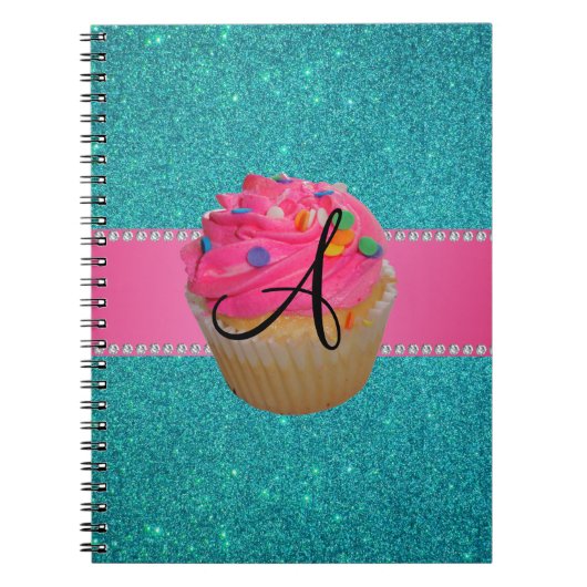 Monogram roze cupcake turquoise glitter notitieboek (Voorkant)