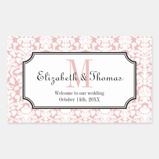 Monogram roze damask lijst uit de stad geschenkzak rechthoekige sticker (Voorkant)