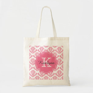 Monogram roze Damask Pattern Aangepaste Canvas tas