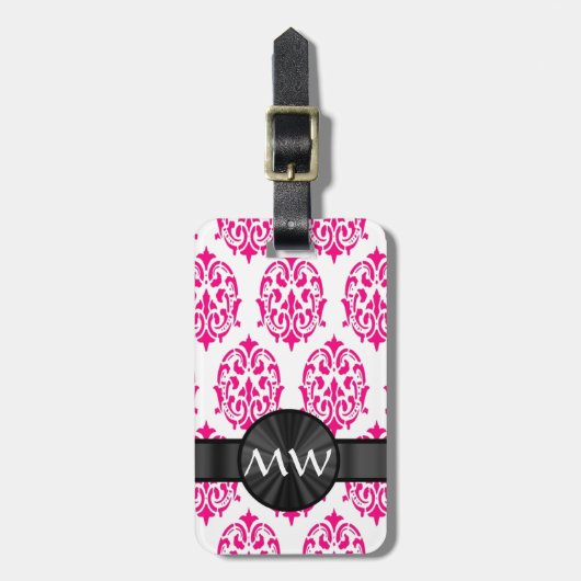 Monogram roze damast patroon bagagelabel (Voorkant verticaal)
