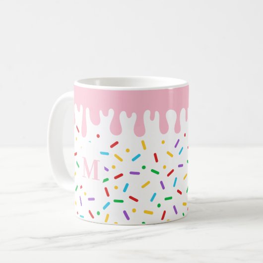 Monogram roze druppel en sprinkhaan ijs koffiemok (Voorkant links)