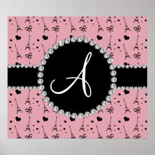 Monogram  roze eiffeltorpatroon poster