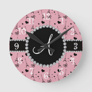Monogram  roze eiffeltorpatroon ronde klok