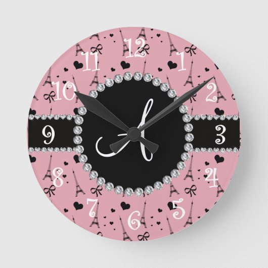 Monogram roze eiffeltorpatroon ronde klok (Voorkant)