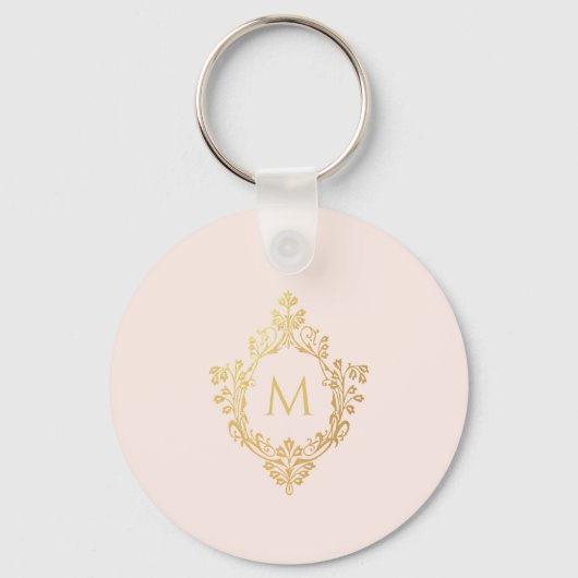 Monogram Roze Elegante Faux Gold Folie Crest Sleutelhanger (Voorkant)