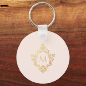 Monogram Roze Elegante Faux Gold Folie Crest Sleutelhanger (Voorkant)