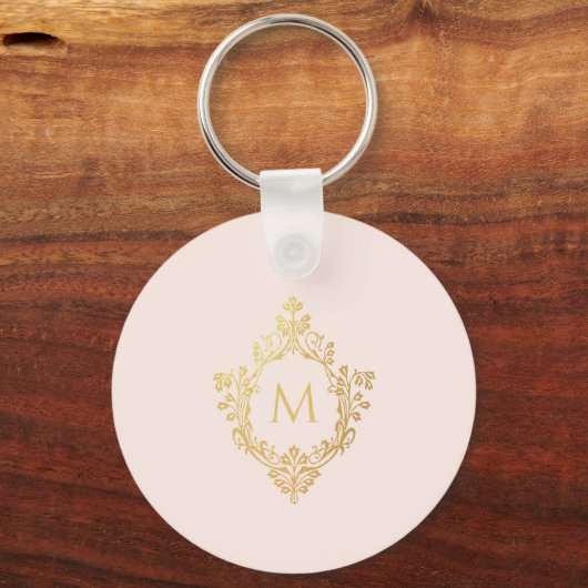 Monogram Roze Elegante Faux Gold Folie Crest Sleutelhanger (Voorkant)
