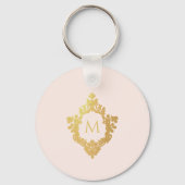 Monogram Roze Elegante Faux Gold Folie Crest Sleutelhanger (Achterkant)
