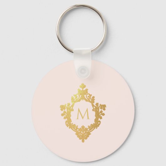 Monogram Roze Elegante  Faux Gold Folie Crest Sleutelhanger (Achterkant)