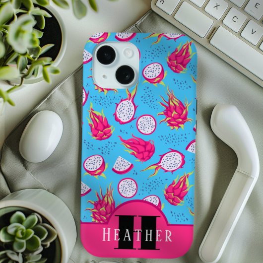 Monogram Roze en Blauw Dragon Fruit Patroon Aangep Case-Mate iPhone Case