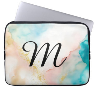 Monogram Roze en Blauw Gemarmerd met Faux Glitter Laptop Sleeve