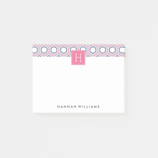 Monogram roze en blauw geometrisch patroon post-it® notes (Voorkant)
