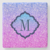 Monogram roze en blauw glitterpatroon stenen onderzetter (Voorkant)