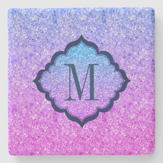 Monogram roze en blauw glitterpatroon stenen onderzetter (Voorkant)