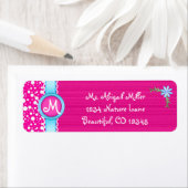 Monogram Roze en Blauw met Bloem Adresetiketten Etiket (Insitu)