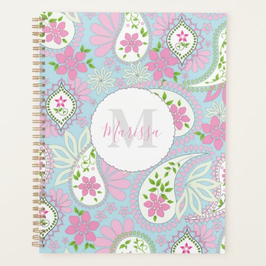 Monogram Roze en Blauw Paisley Custom Planner (Voorkant)
