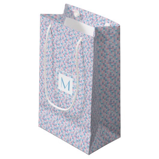 Monogram Roze en Blauw Squares Small Gift Bag Klein Cadeauzakje (Voorkant Gekanteld)