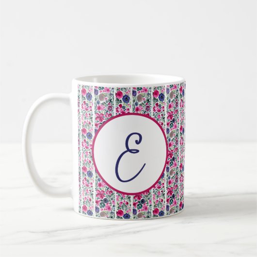 monogram roze en blauwe bloemen en witte strepen koffiemok (Links)