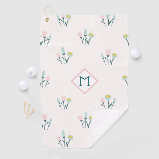 Monogram  roze en blauwe lentbloemen golfhanddoek (Insitu)
