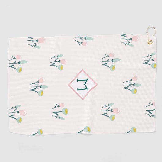 Monogram  roze en blauwe lentbloemen golfhanddoek (Horizontaal)