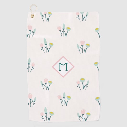 Monogram  roze en blauwe lentbloemen golfhanddoek (Voorkant)