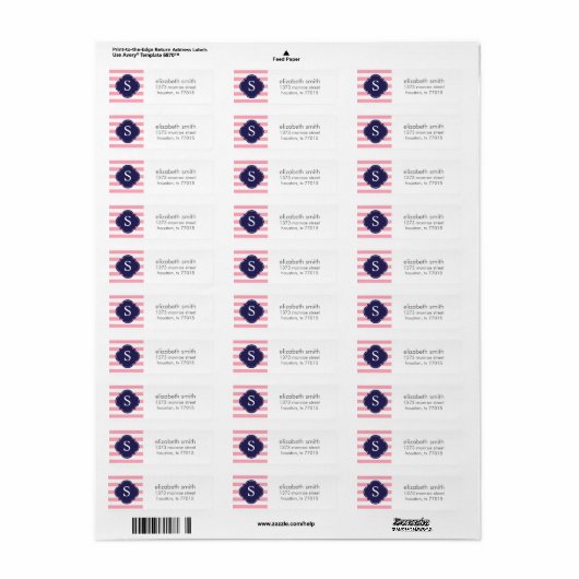 Monogram roze en blauwe strepen etiket (Full Sheet)