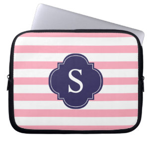 Monogram roze en blauwe strepen laptop sleeve