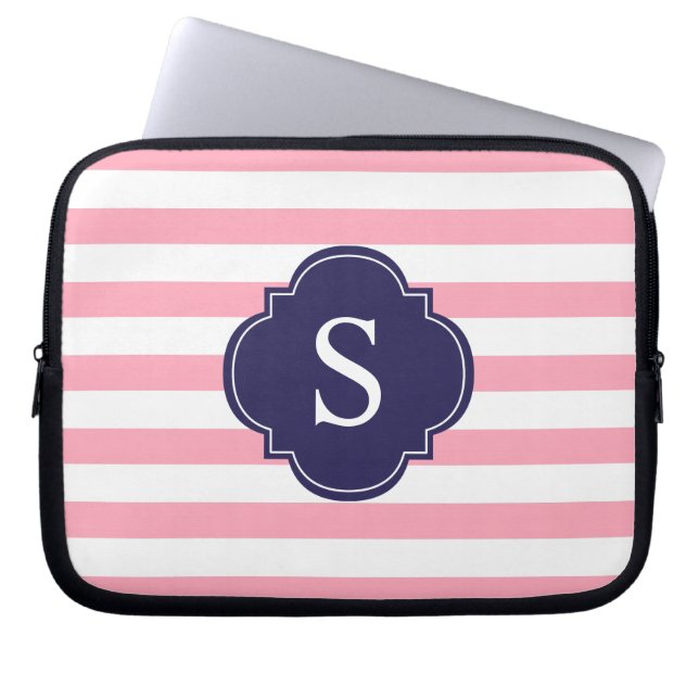 Monogram roze en blauwe strepen laptop sleeve (Voorkant)