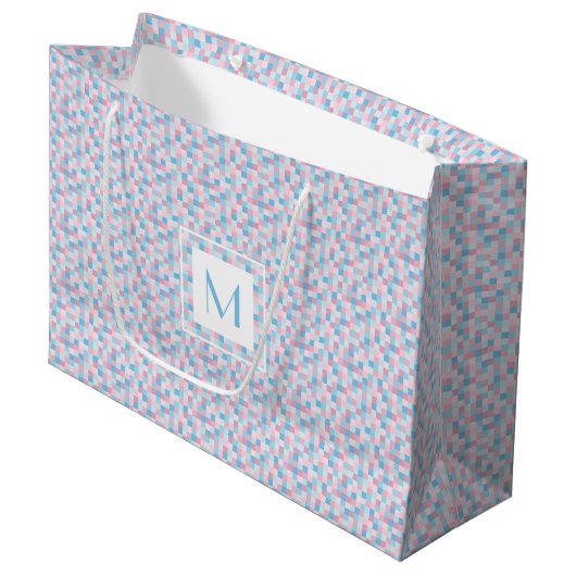 Monogram Roze en Blauwe Vierkantjes Grote Gift Bag Groot Cadeauzakje (Voorkant Gekanteld)