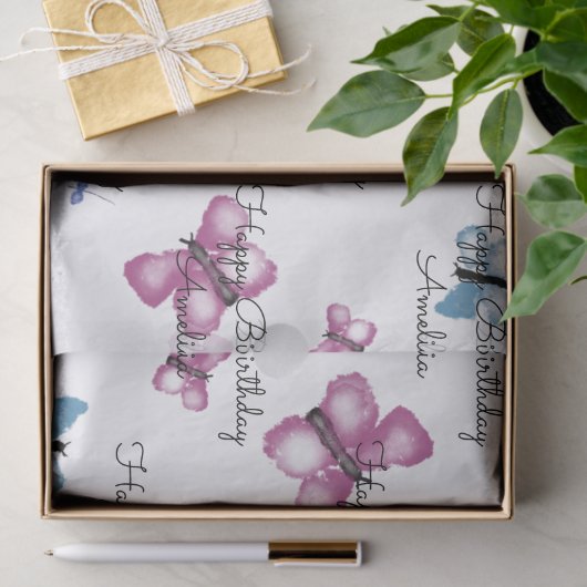Monogram roze en blauwe vlinder tissuepapier (Geschenk)