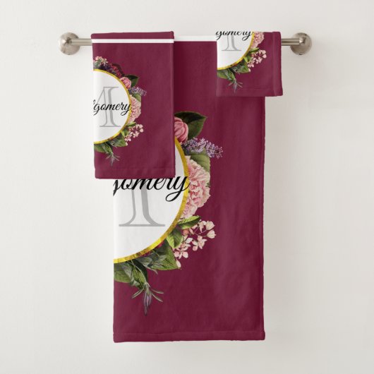 Monogram roze en Bourgogne Florals Bad Handdoek (Insitu)