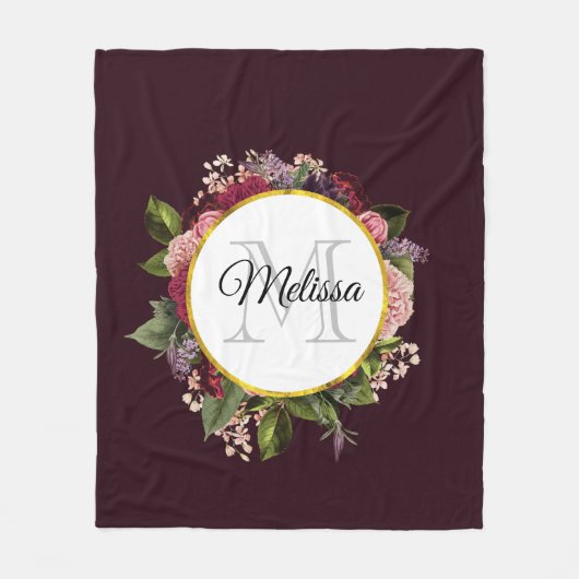 Monogram roze en Bourgogne Florals Fleece Deken (Voorkant)