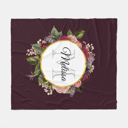 Monogram roze en Bourgogne Florals Fleece Deken (Voorkant (Horizontaal))