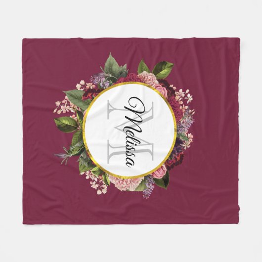 Monogram roze en Bourgogne Florals Fleece Deken (Voorkant (Horizontaal))