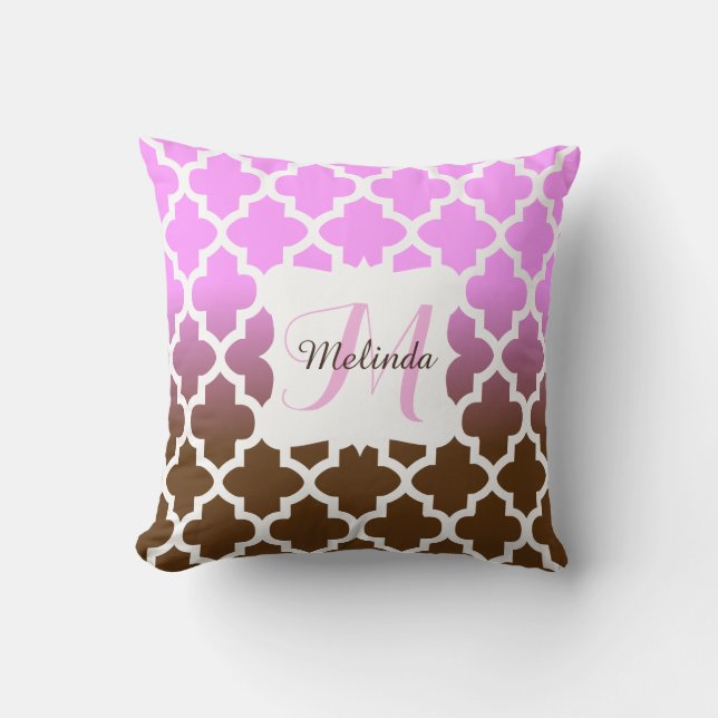 Monogram roze en bruin mengsel Quatrefoil patroon Kussen (Voorkant)
