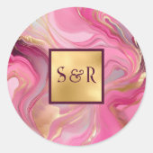 Monogram roze en goud gemarmerde bruiloft ronde sticker (Voorkant)