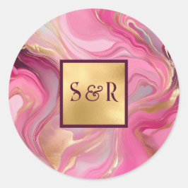Monogram roze en goud gemarmerde bruiloft ronde sticker