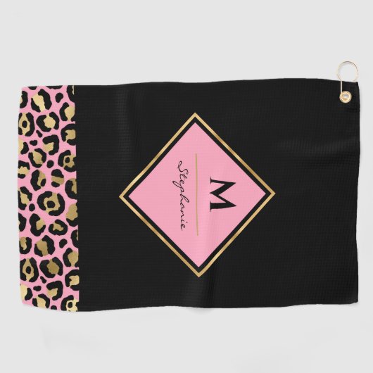 Monogram roze en goudluipaard afdrukken | Kleurblo Golfhanddoek (Horizontaal)