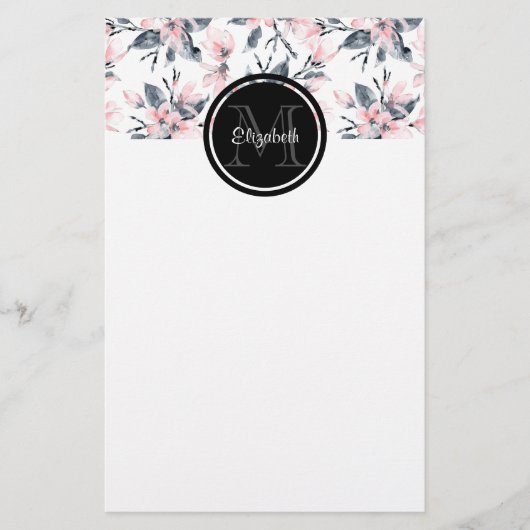 Monogram roze en grijze Floral Waterverf Briefpapier (Voorkant)